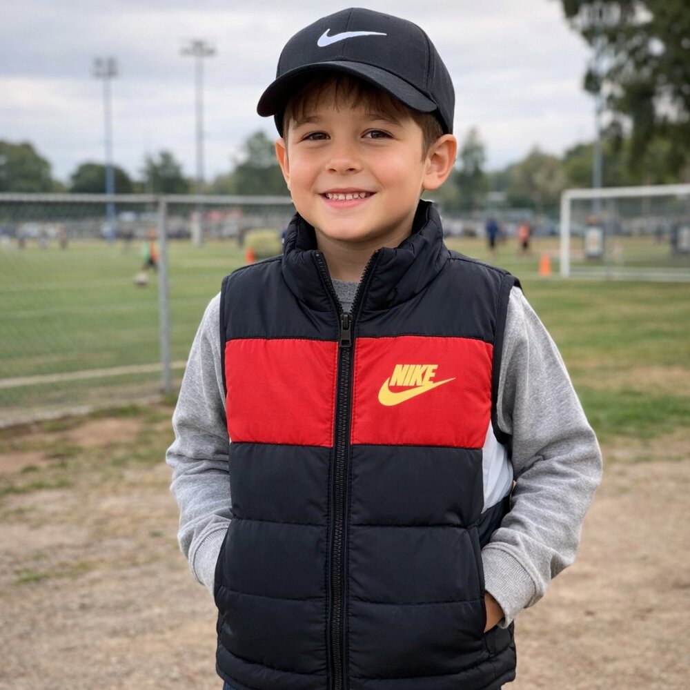 Nike Puffer Vest Boy 4T Black Red‎ Swoosh Logo Lined Softshell Colorblock Zip Up
